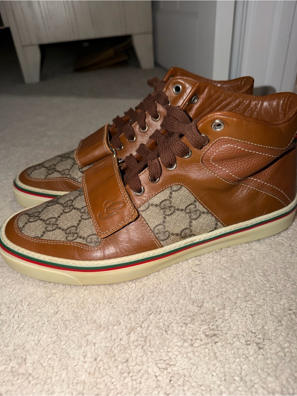 Gucci Brown Leather & GG Canvas High-Top Sneakers